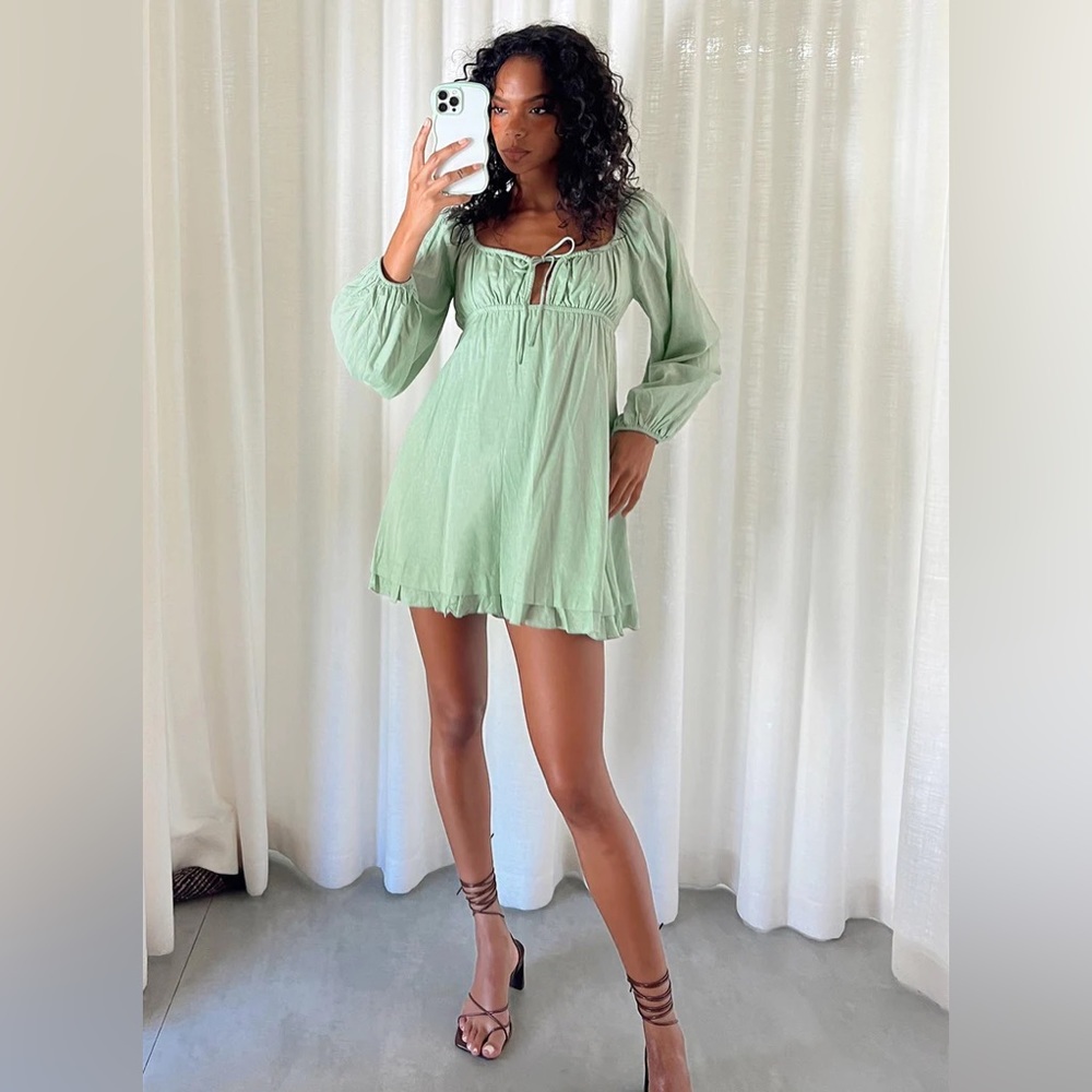 PRINCESS POLLY EMPRESS OF LOVE LONG SLEEVE MINI DRESS SAGE (NWT)
